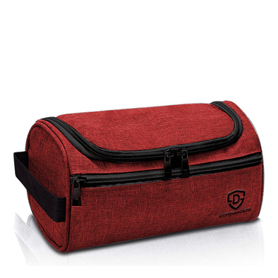 Red/Maroon colored, waterproof, hanging toiletry bag with inner and outer pockets.